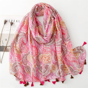 SL2202-009  Women's Ethnic Cotton Linen Feel Scarf with Wheat Ears Tassels