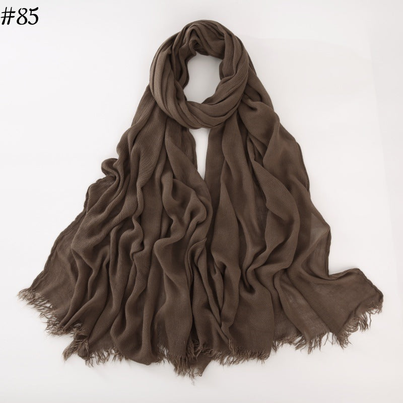 WJA79  Plain natural crinkle cotton hijab with fringes on both ends