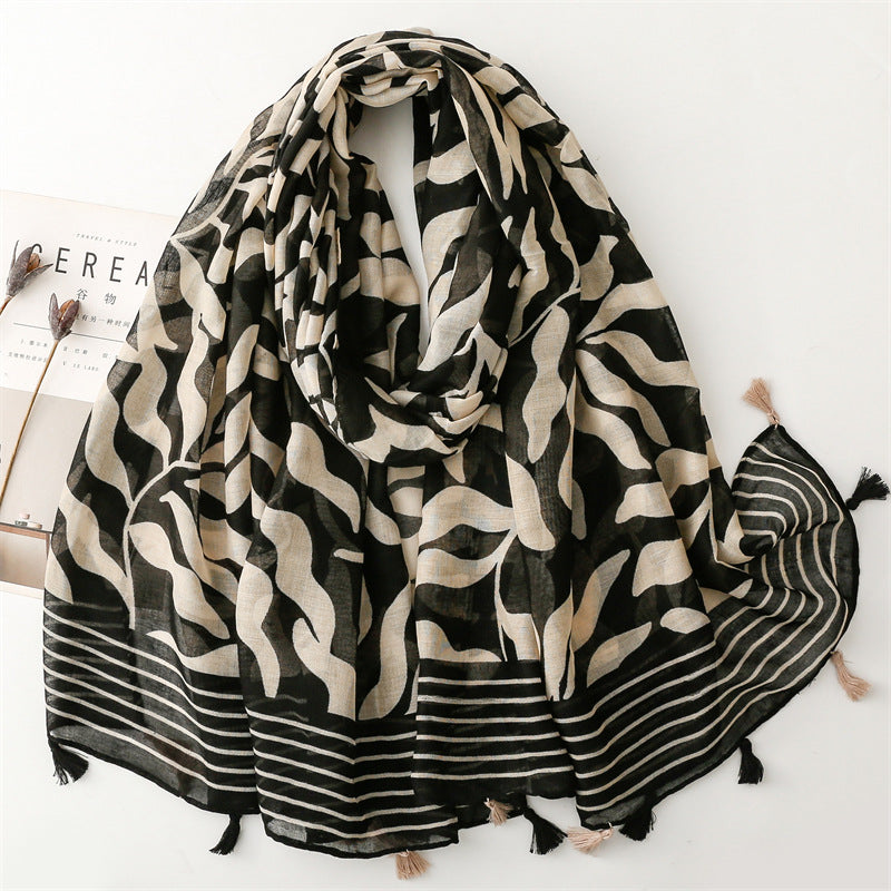 SL2202-009  Women's Ethnic Cotton Linen Feel Scarf with Wheat Ears Tassels