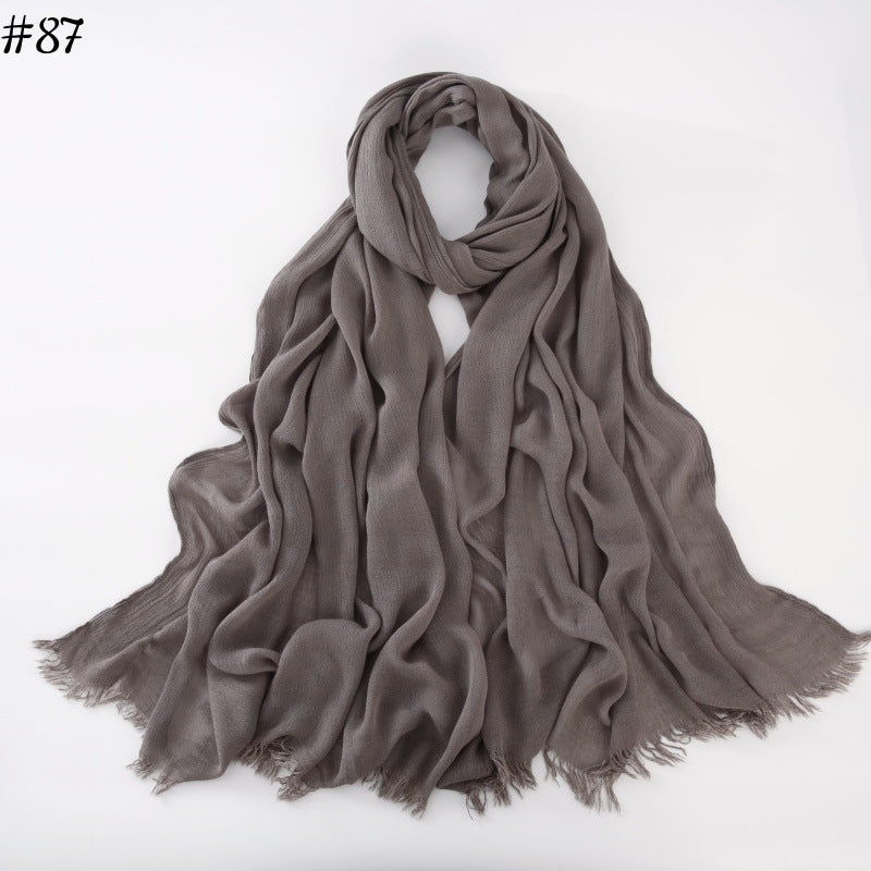 WJA79  Plain natural crinkle cotton hijab with fringes on both ends