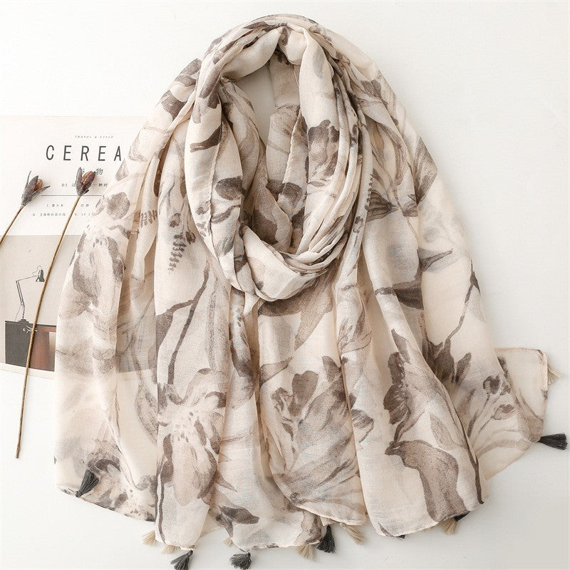 SL2202-009  Women's Ethnic Cotton Linen Feel Scarf with Wheat Ears Tassels