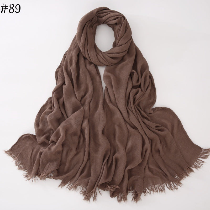 WJA79  Plain natural crinkle cotton hijab with fringes on both ends