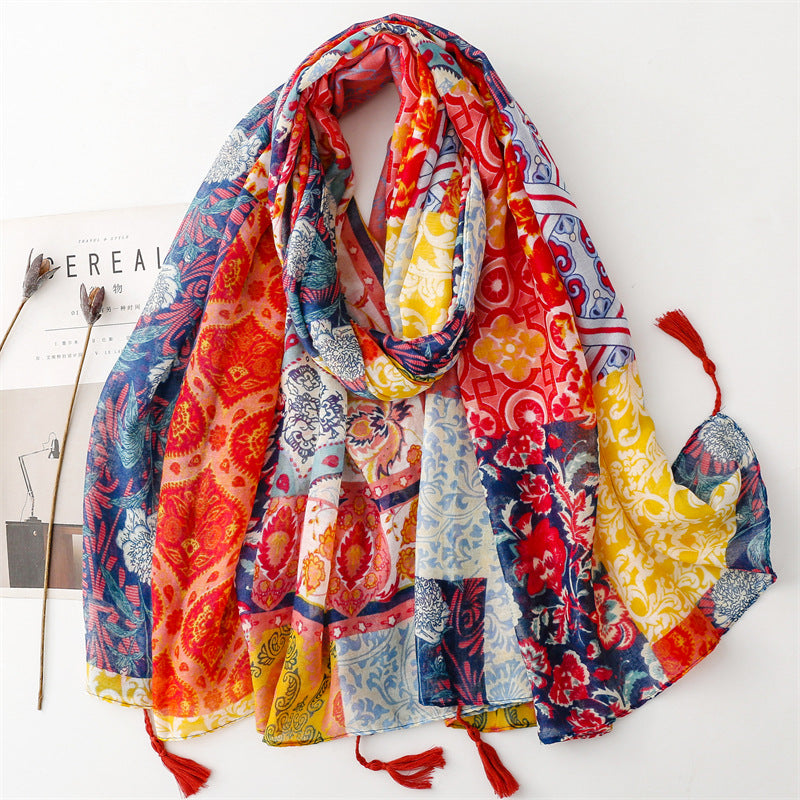 SL2202-009  Women's Ethnic Cotton Linen Feel Scarf with Wheat Ears Tassels