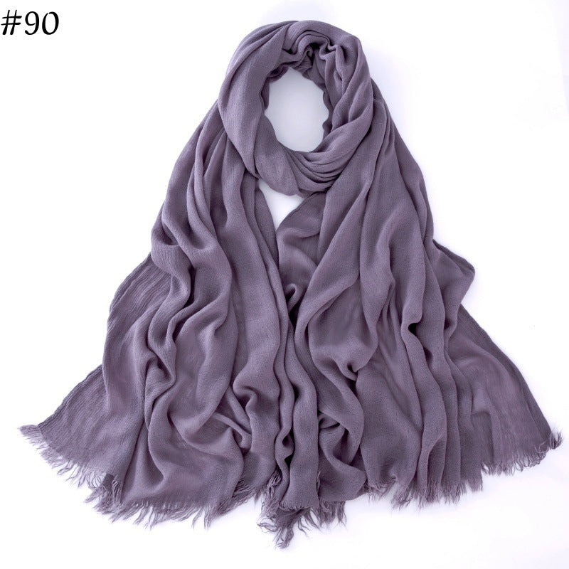 WJA79  Plain natural crinkle cotton hijab with fringes on both ends