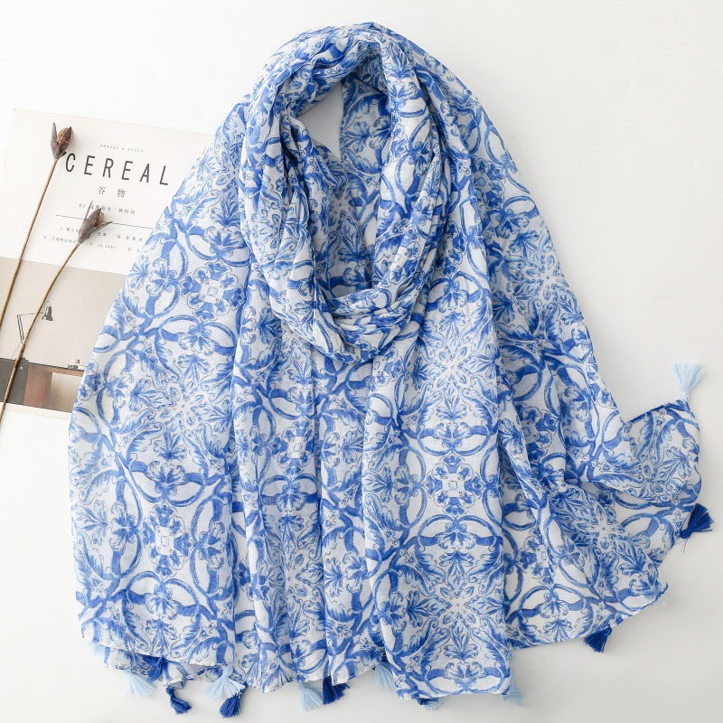 SL2202-009  Women's Ethnic Cotton Linen Feel Scarf with Wheat Ears Tassels