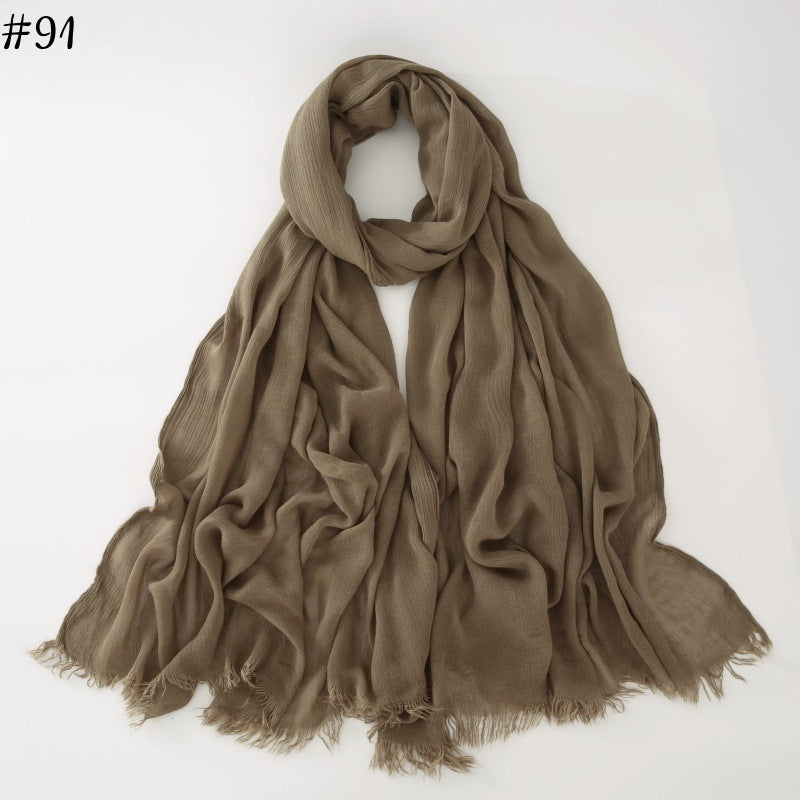WJA79  Plain natural crinkle cotton hijab with fringes on both ends