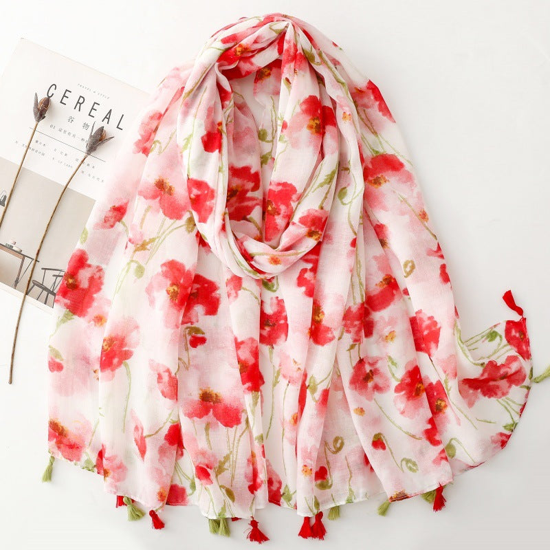 SL2202-009  Women's Ethnic Cotton Linen Feel Scarf with Wheat Ears Tassels