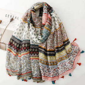 SL2202-009  Women's Ethnic Cotton Linen Feel Scarf with Wheat Ears Tassels