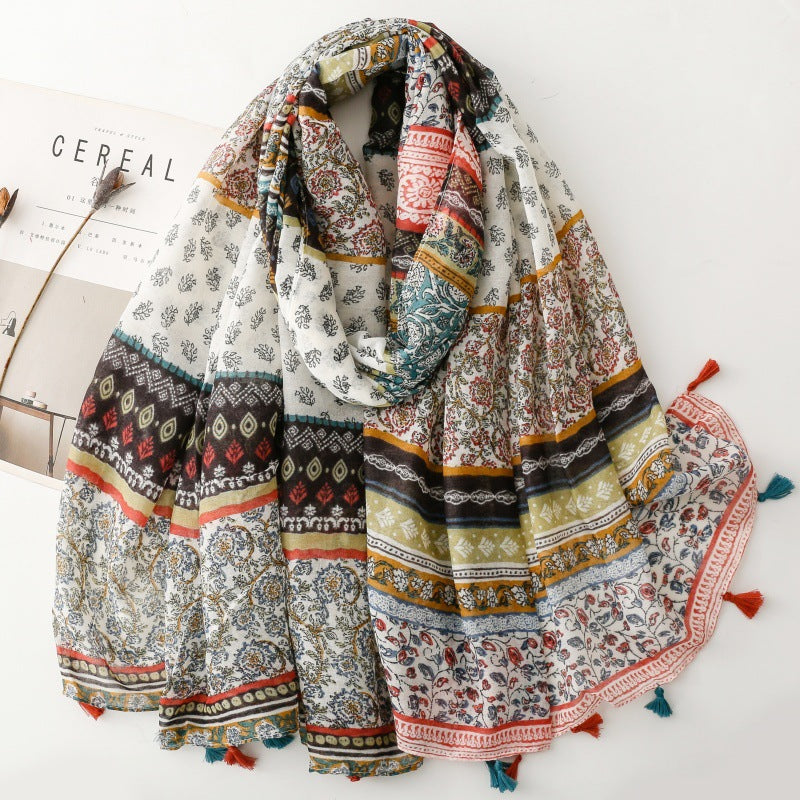 SL2202-009  Women's Ethnic Cotton Linen Feel Scarf with Wheat Ears Tassels