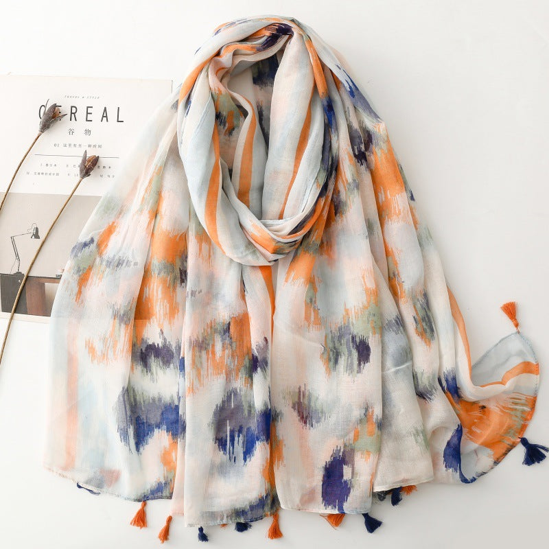 SL2202-009  Women's Ethnic Cotton Linen Feel Scarf with Wheat Ears Tassels