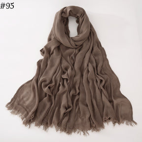 WJA79  Plain natural crinkle cotton hijab with fringes on both ends