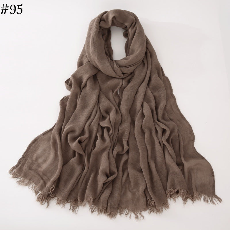 WJA79  Plain natural crinkle cotton hijab with fringes on both ends