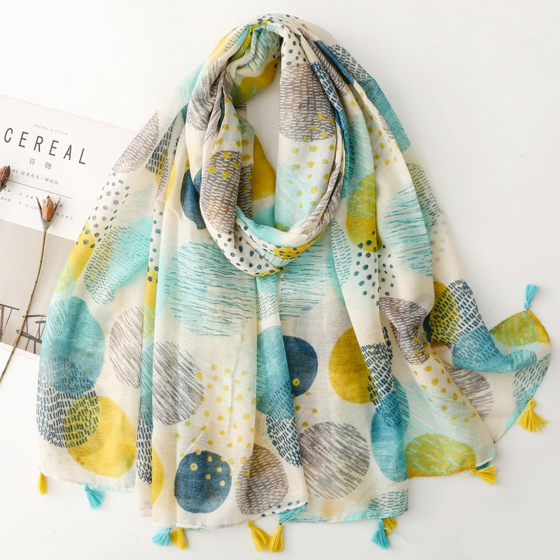 SL2202-009  Women's Ethnic Cotton Linen Feel Scarf with Wheat Ears Tassels