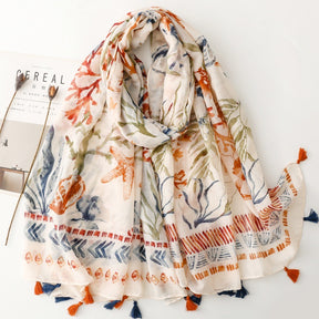 SL2202-009  Women's Ethnic Cotton Linen Feel Scarf with Wheat Ears Tassels