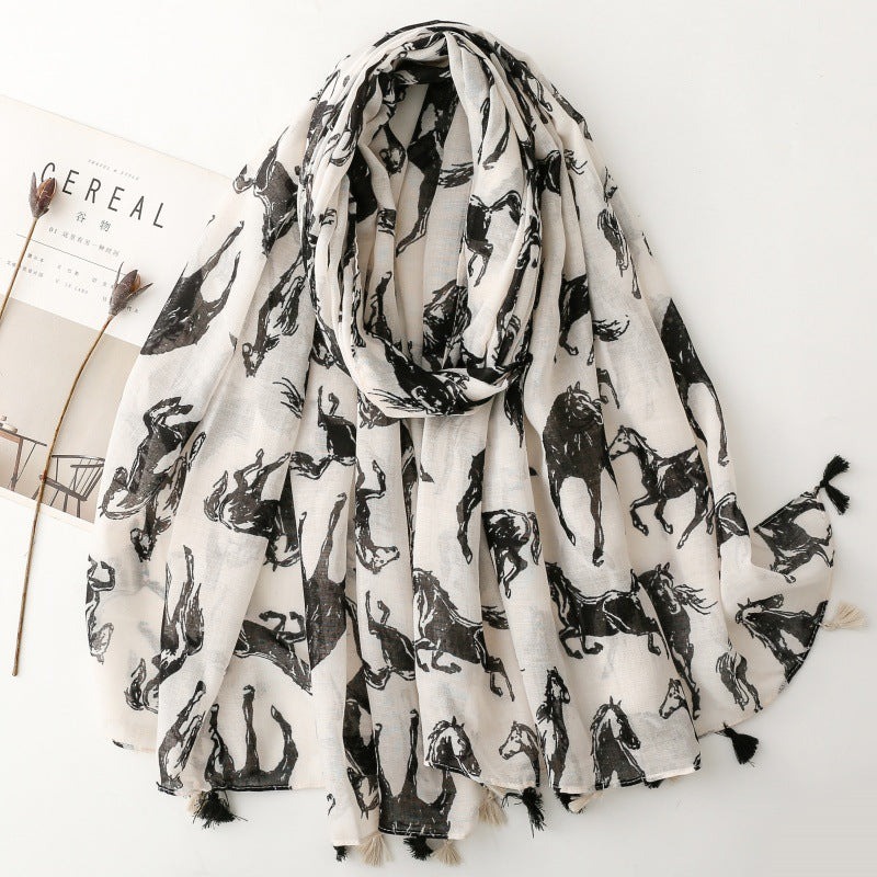 SL2202-009  Women's Ethnic Cotton Linen Feel Scarf with Wheat Ears Tassels