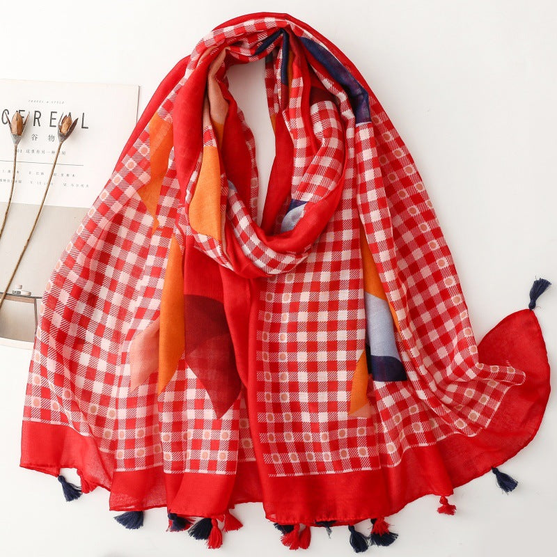 SL2202-009  Women's Ethnic Cotton Linen Feel Scarf with Wheat Ears Tassels