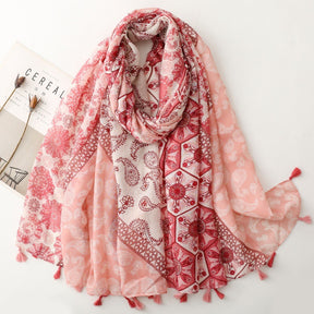 SL2202-009  Women's Ethnic Cotton Linen Feel Scarf with Wheat Ears Tassels