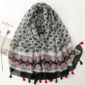 SL2202-009  Women's Ethnic Cotton Linen Feel Scarf with Wheat Ears Tassels