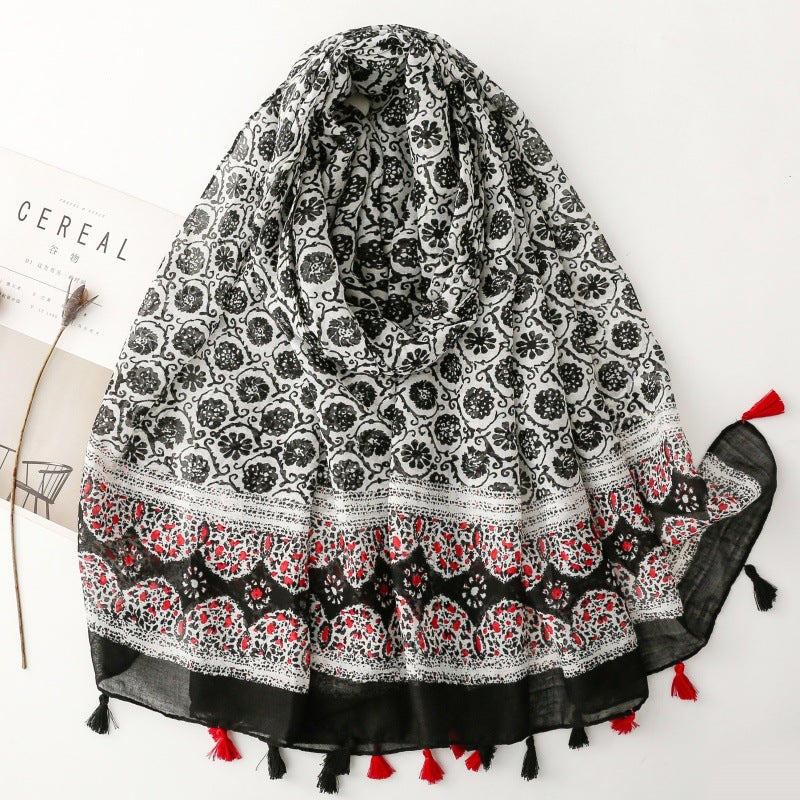 SL2202-009  Women's Ethnic Cotton Linen Feel Scarf with Wheat Ears Tassels