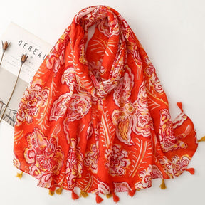 SL2202-009  Women's Ethnic Cotton Linen Feel Scarf with Wheat Ears Tassels