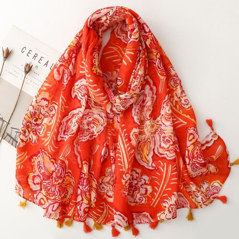 SL2202-009  Women's Ethnic Cotton Linen Feel Scarf with Wheat Ears Tassels