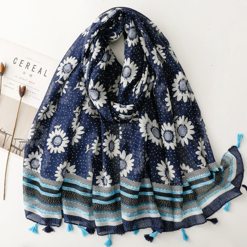 SL2202-009  Women's Ethnic Cotton Linen Feel Scarf with Wheat Ears Tassels