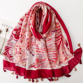 SL2202-009  Women's Ethnic Cotton Linen Feel Scarf with Wheat Ears Tassels