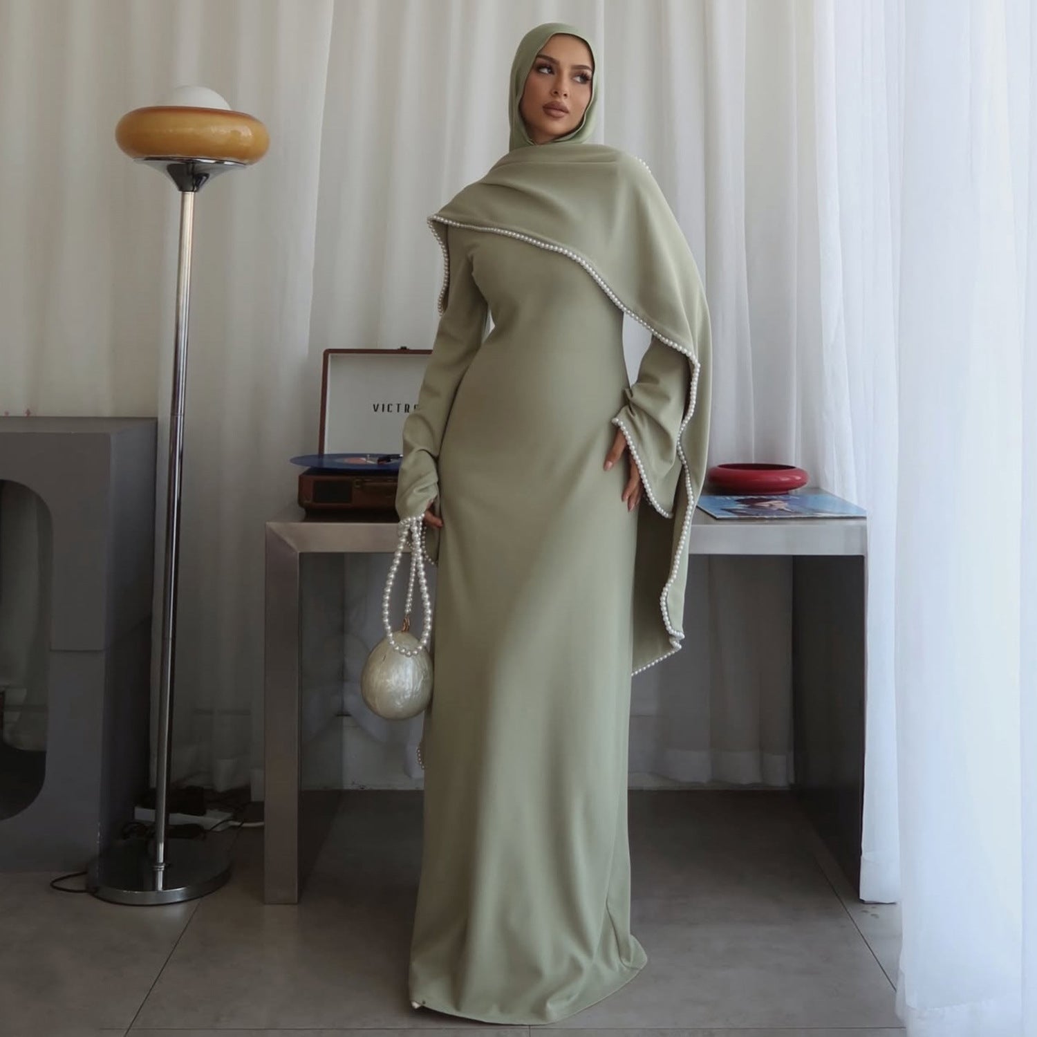 LR1167  Plain Scuba Beaded Shawl + Long Sleeve Dress Set