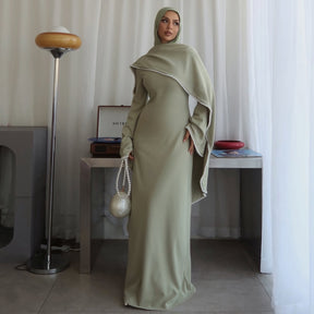 LR1167  Plain Scuba Beaded Shawl + Long Sleeve Dress Set