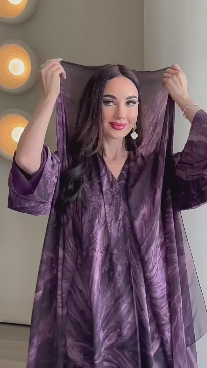 LR1030   Printed Open-Front Abaya + Hijab Two-Piece Set